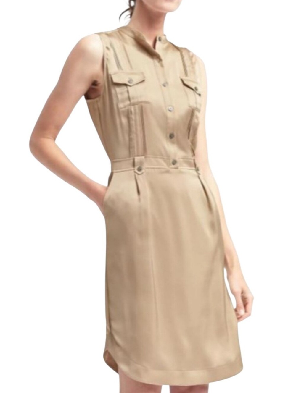 Banana Republic Khaki Gold Satin Sleeveless Shirt Dress Size 6